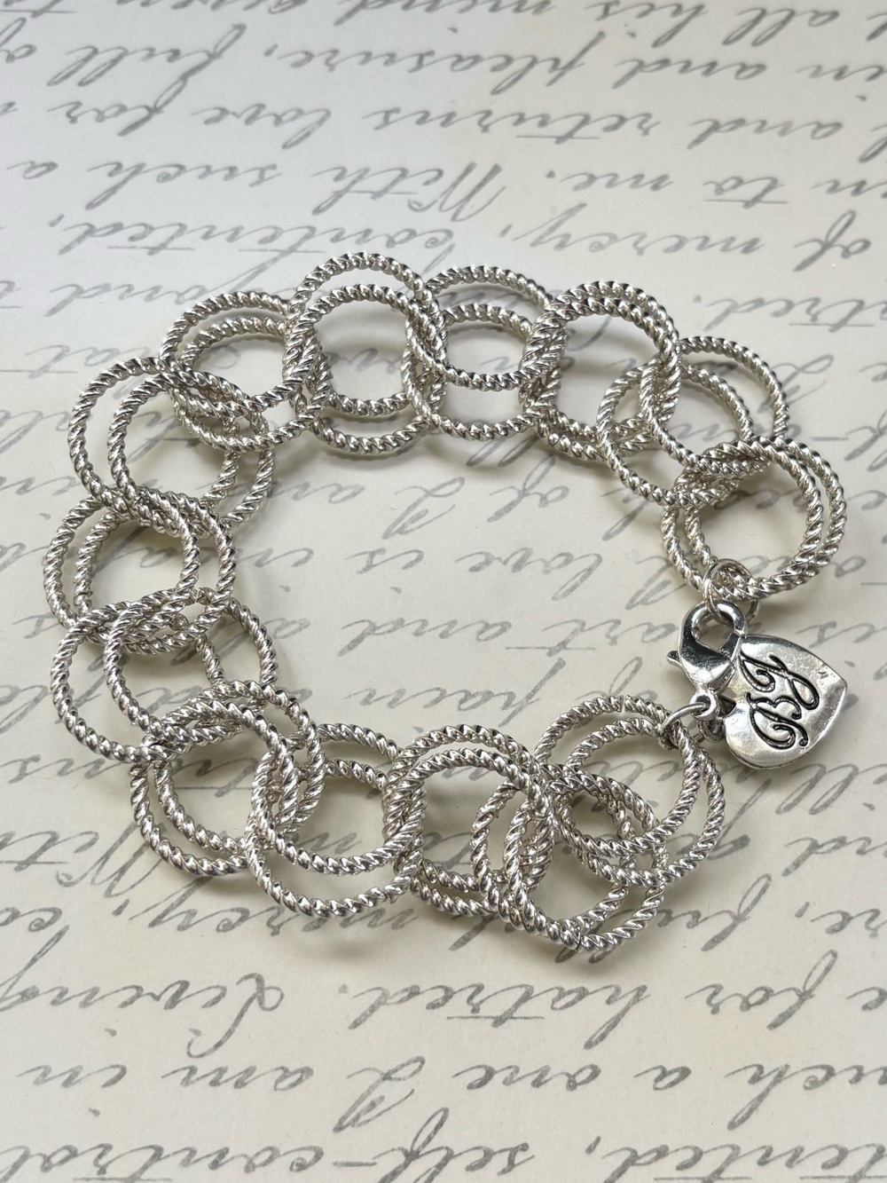 Vintage Betsey Johnson Silver Textured Multi-Link Heart Charm Bracelet